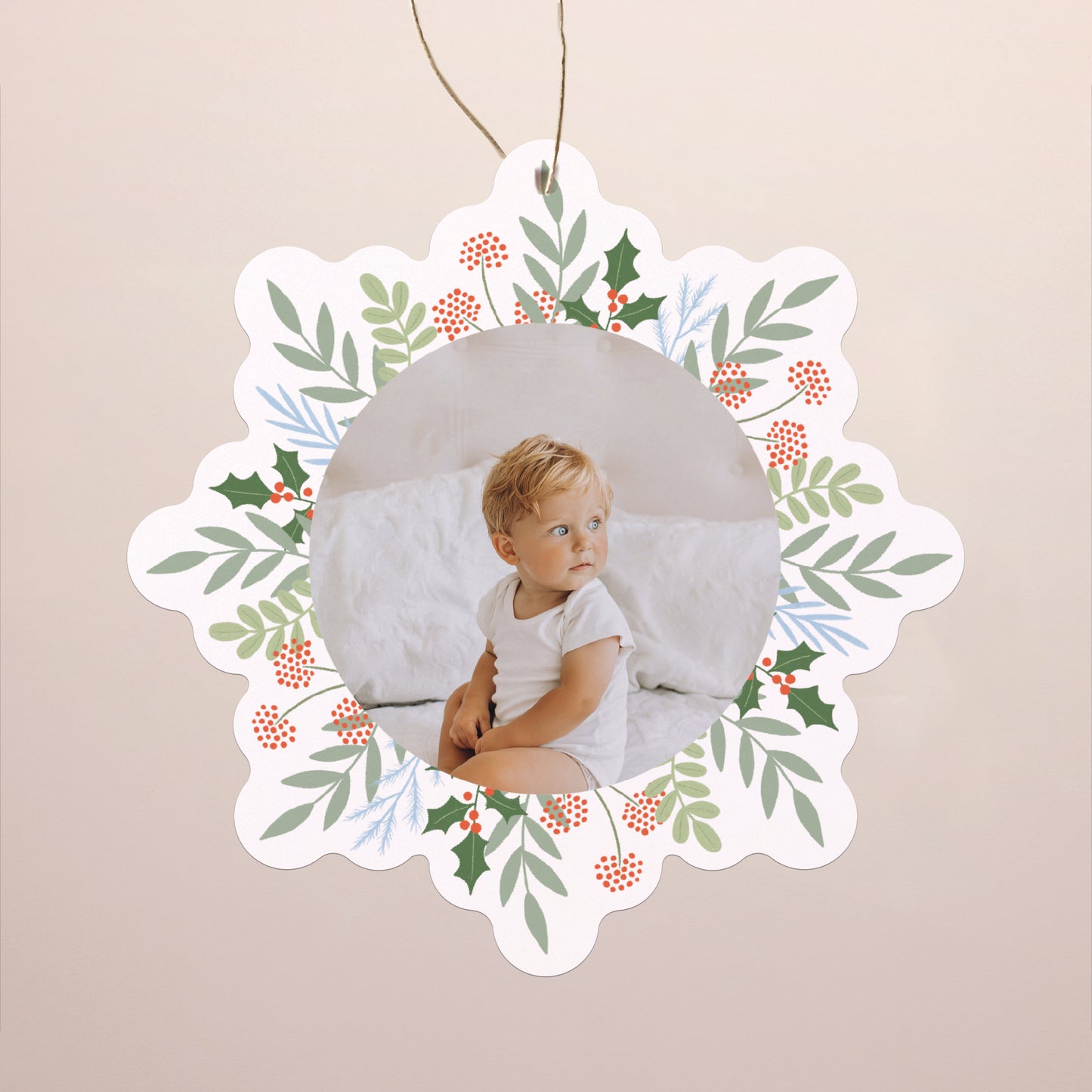 Kerstkaart Eindejaar Sneeuwvlok om op te hangen Glimlachen voor Kerstmis foto N° 1