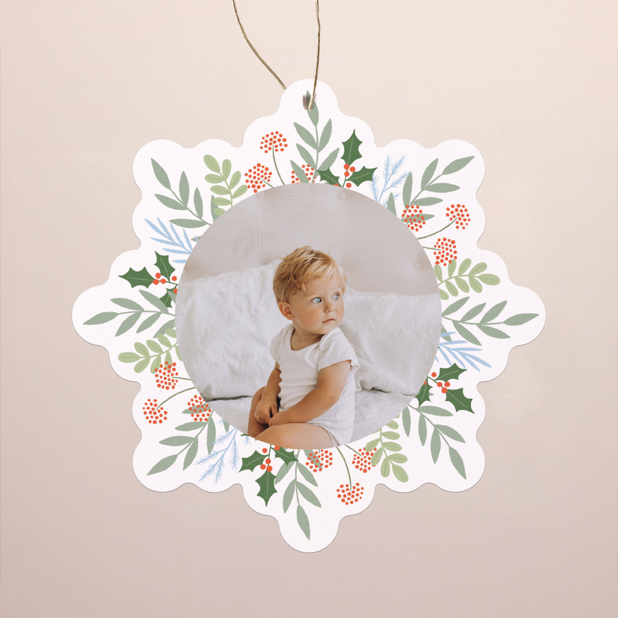 Kerstkaart Eindejaar Sneeuwvlok om op te hangen Glimlachen voor Kerstmis foto