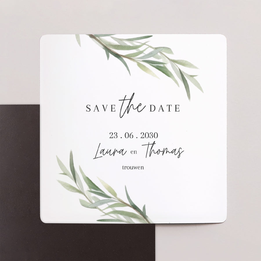 Save the date kaart Huwelijk Set van 9, magnetisch. Olijfbladeren foto