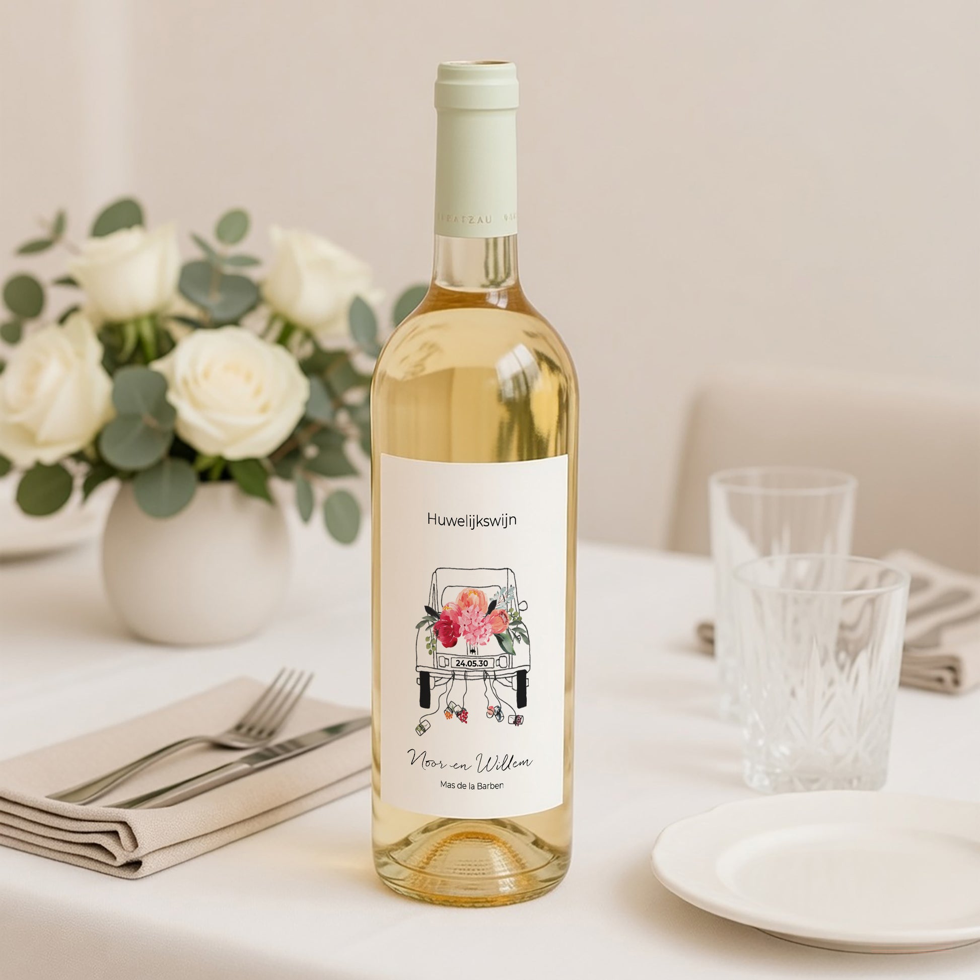 Flesetiket Huwelijk Portret 2CV in bloei foto N° 2