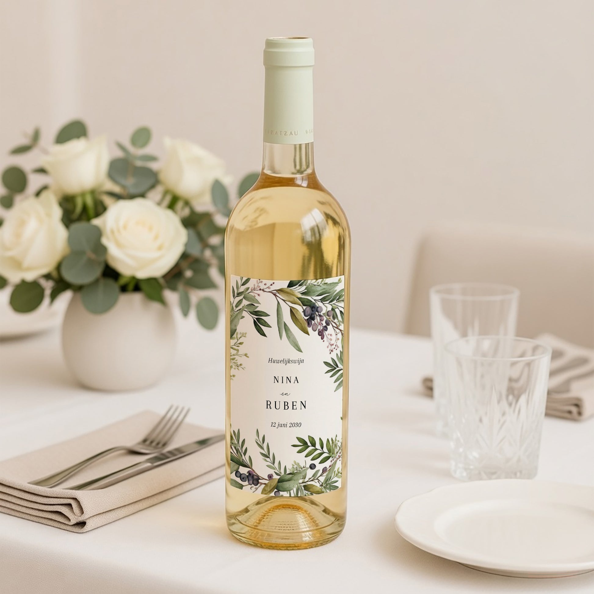 Flesetiket Huwelijk Portret Lentebladeren foto N° 2