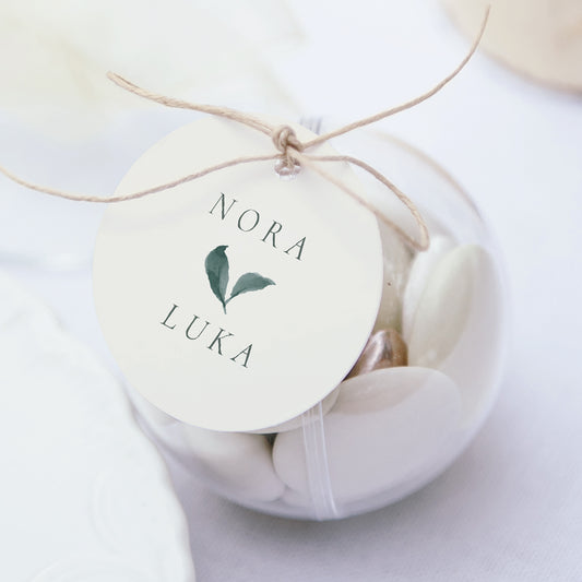 Doosje voor suikerbonen Huwelijk bal met ronde etiket Plant kroon foto