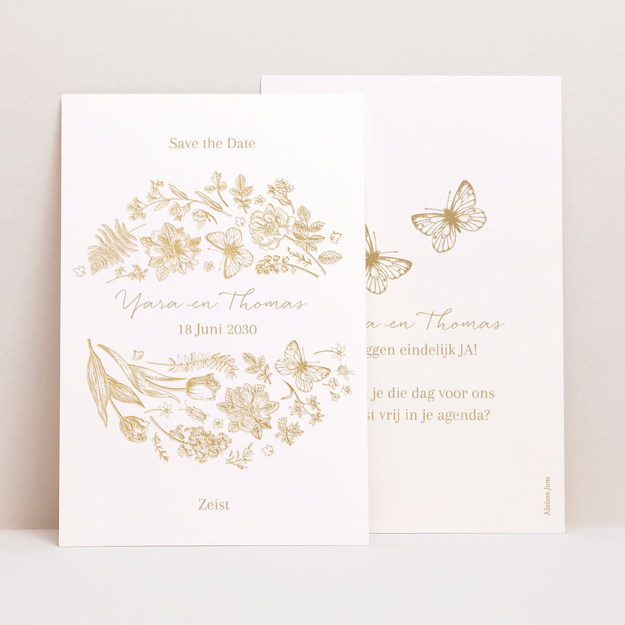 Save the date kaart Huwelijk Portret Gouden herbarium foto