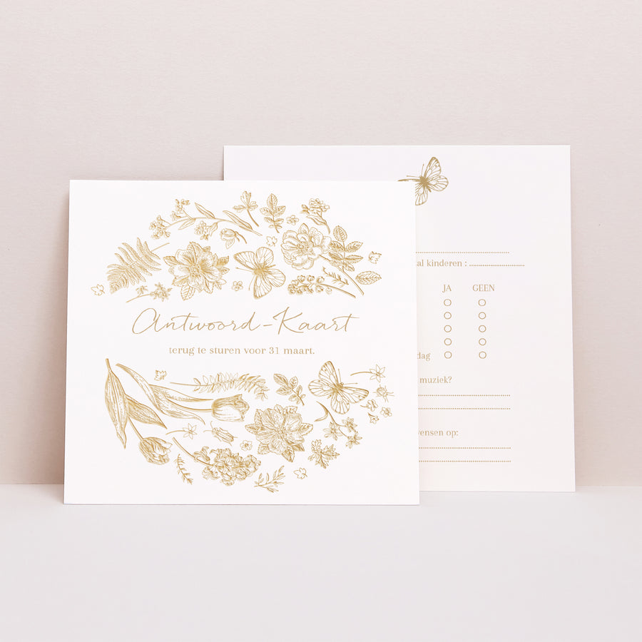 RSVP kaart Huwelijk Vierkant Gouden herbarium foto