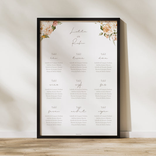 Tafelplan Huwelijk Portret Perzikbloemen foto
