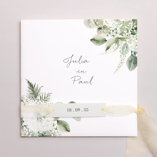 Uitnodigingskaart Huwelijk Vierkante tas, 3 kaarten, label Natuurlijke romantiek foto