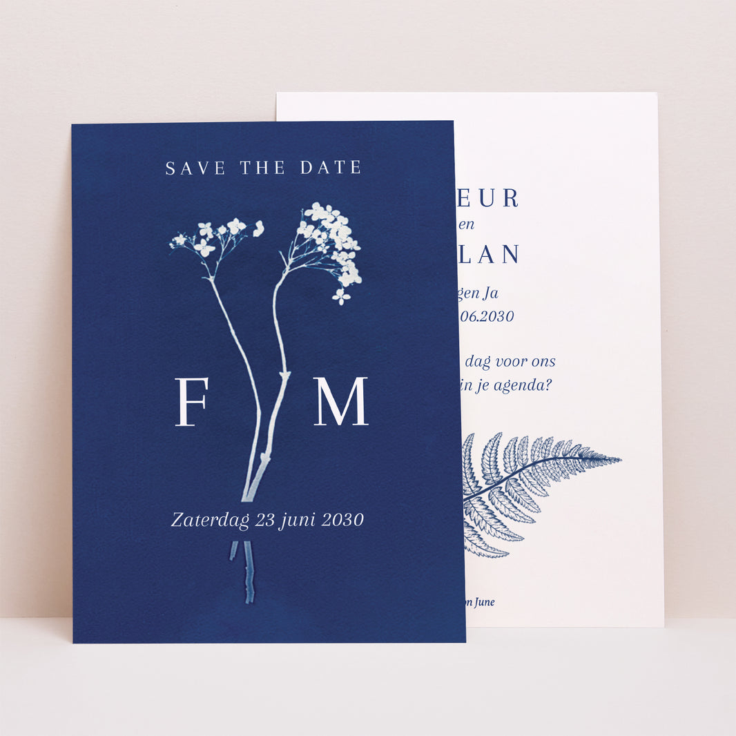 Save the date kaart Huwelijk Portret Cyanotype 2 foto N° 1