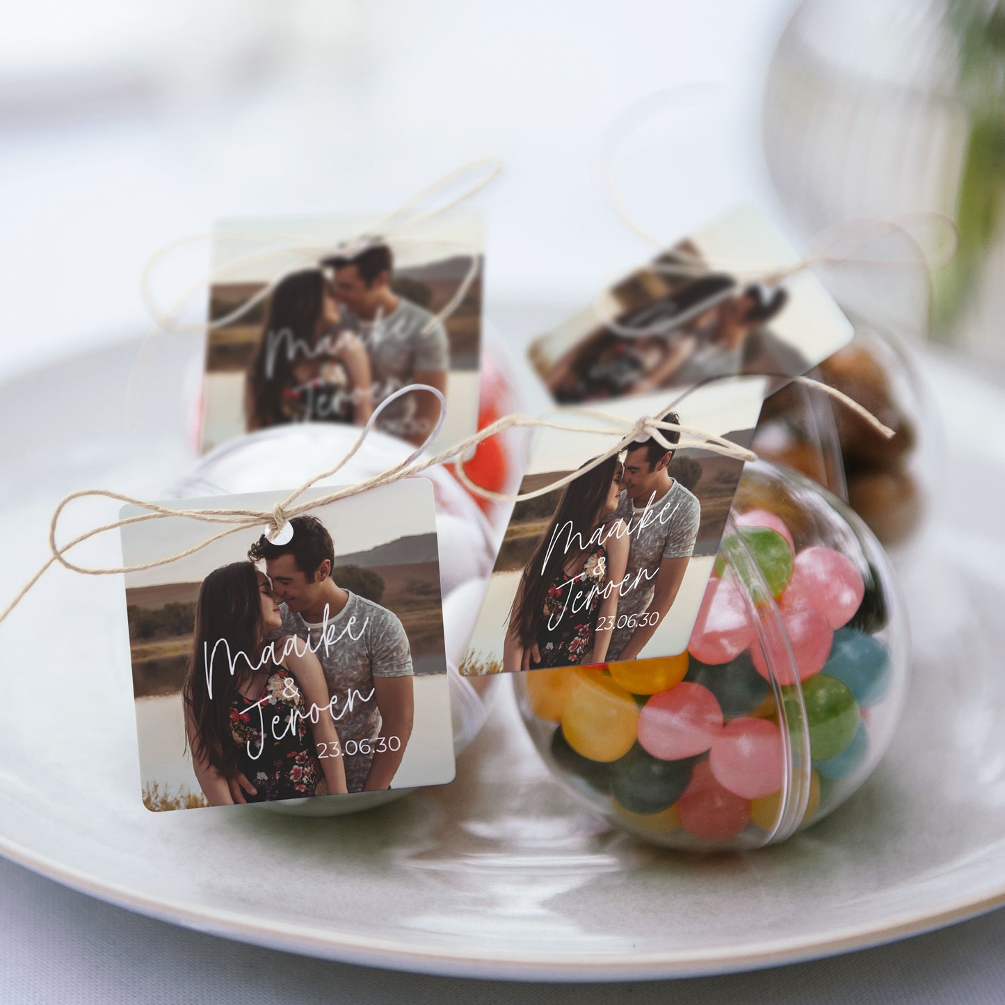 Doosje voor suikerbonen Huwelijk bal met vierkante label voor altijd foto N° 2