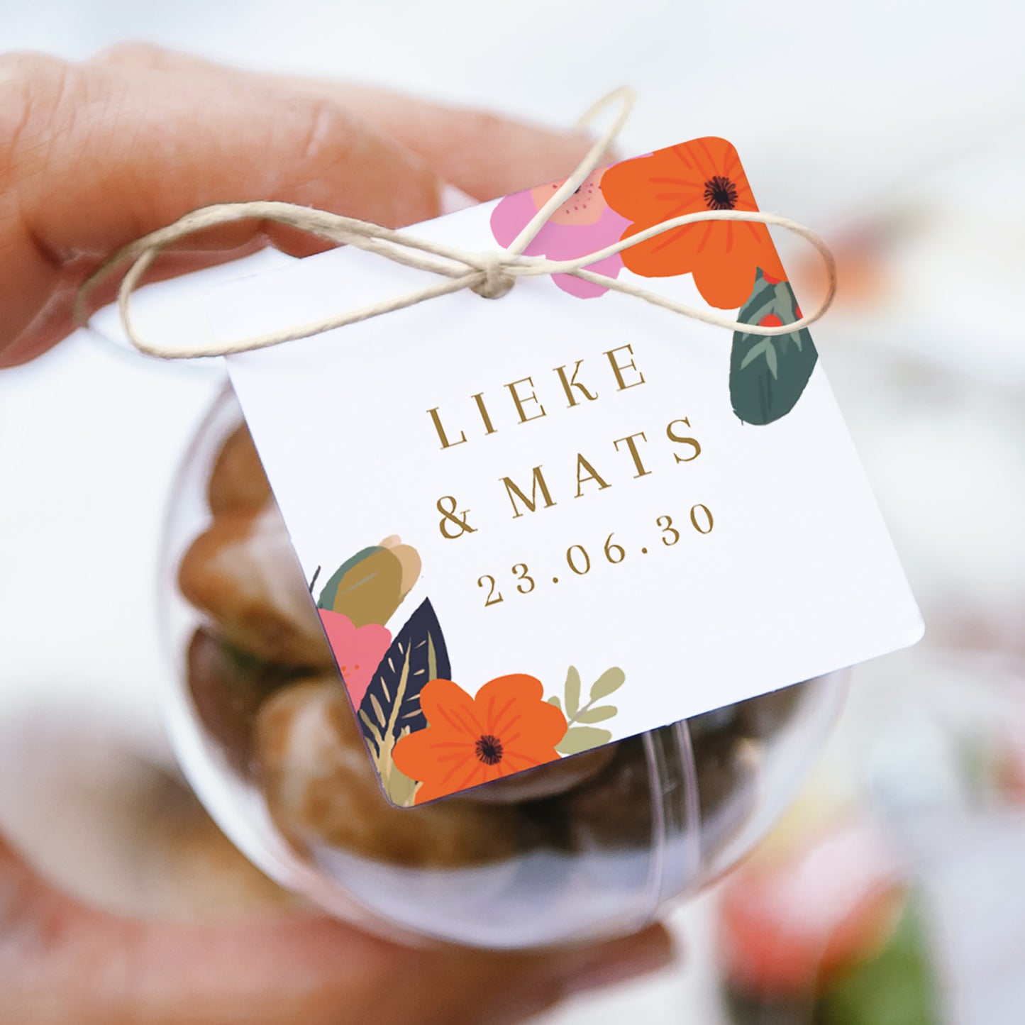 Doosje voor suikerbonen Huwelijk bal met vierkante label Farandole van bloemen foto N° 1