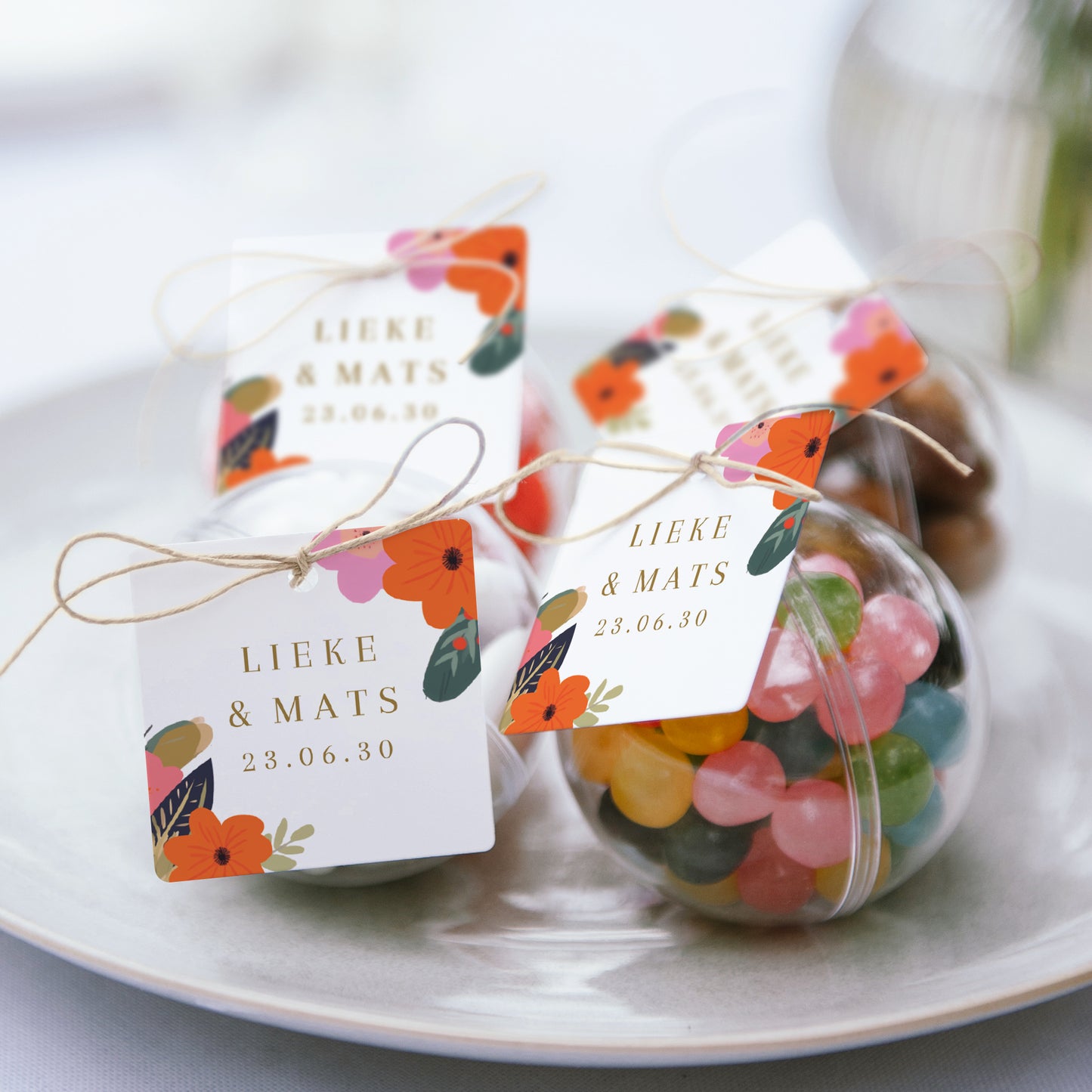Doosje voor suikerbonen Huwelijk bal met vierkante label Farandole van bloemen foto N° 2