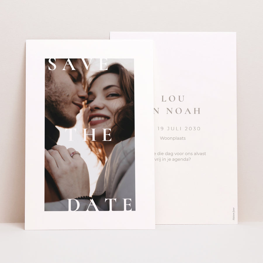 Save the date kaart Huwelijk Portret Typo en beige foto