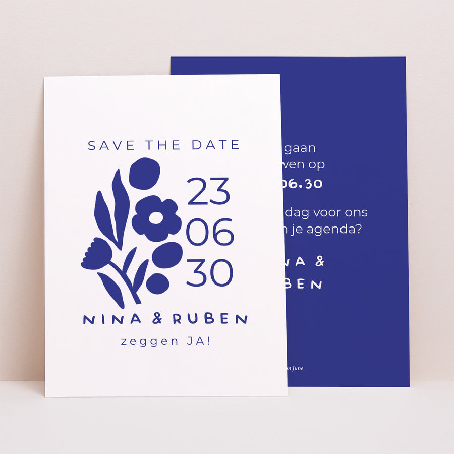 Save the date kaart Huwelijk Portret Majorelle blauw foto