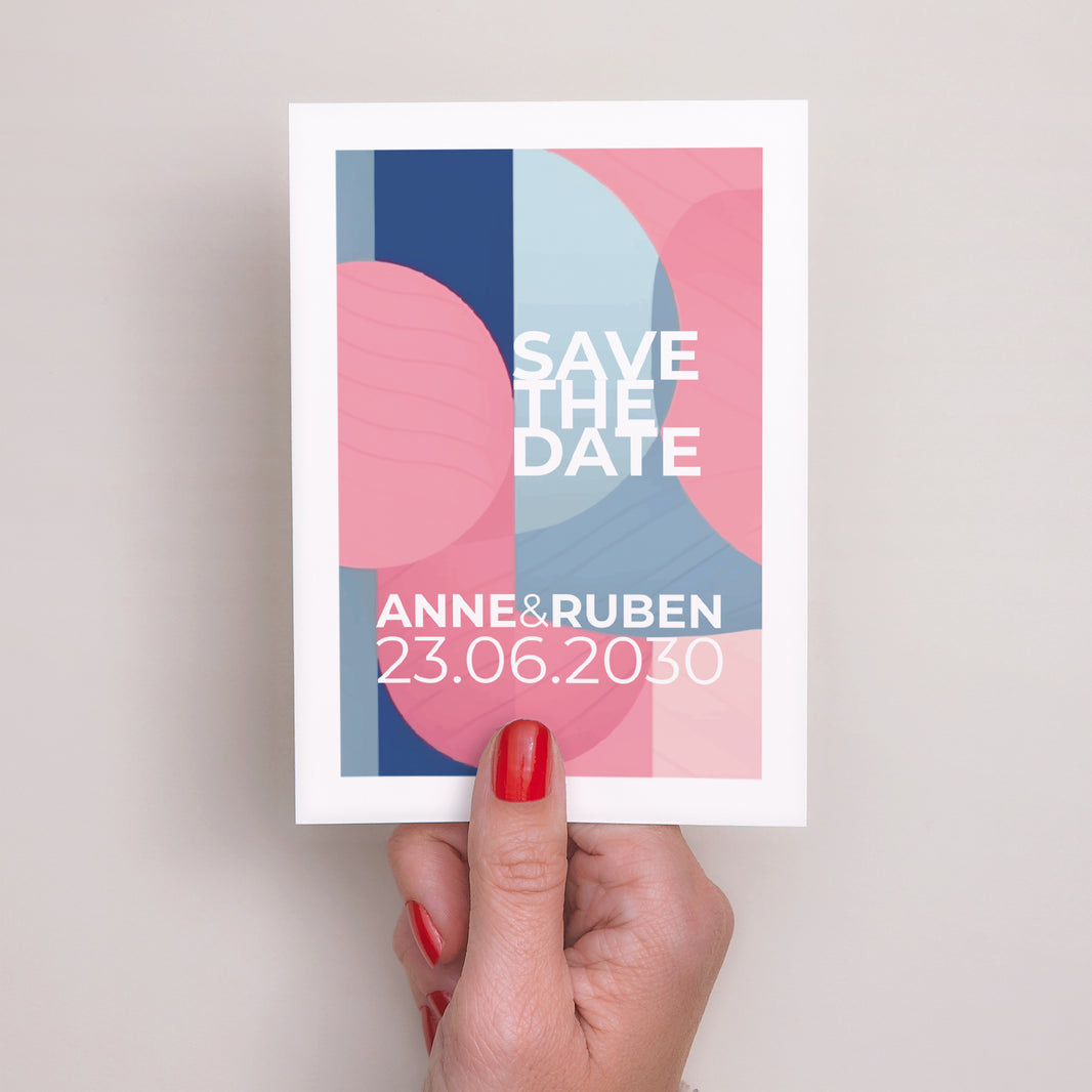 Save the date kaart Huwelijk Portret Roze en blauw foto N° 2