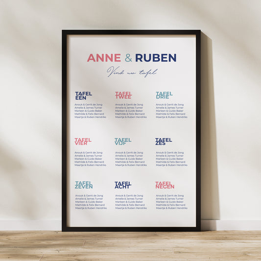 Tafelplan Huwelijk Portret Roze en blauw foto