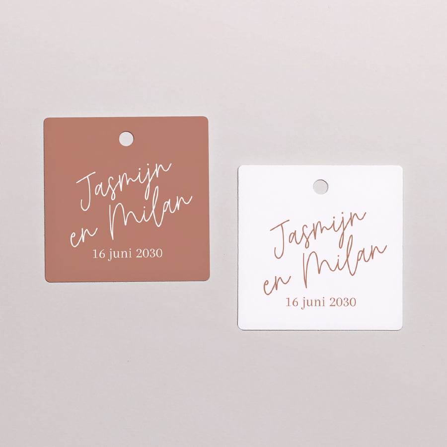 Cadeaulabel Huwelijk Vierkant Baksteenstof foto