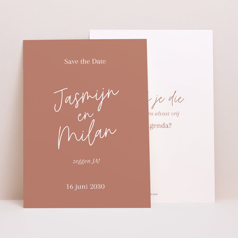 Save the date kaart Huwelijk Portret Baksteenstof foto
