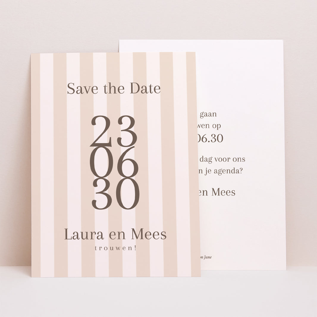 Save the date kaart Huwelijk Portret Beige strepen foto N° 1