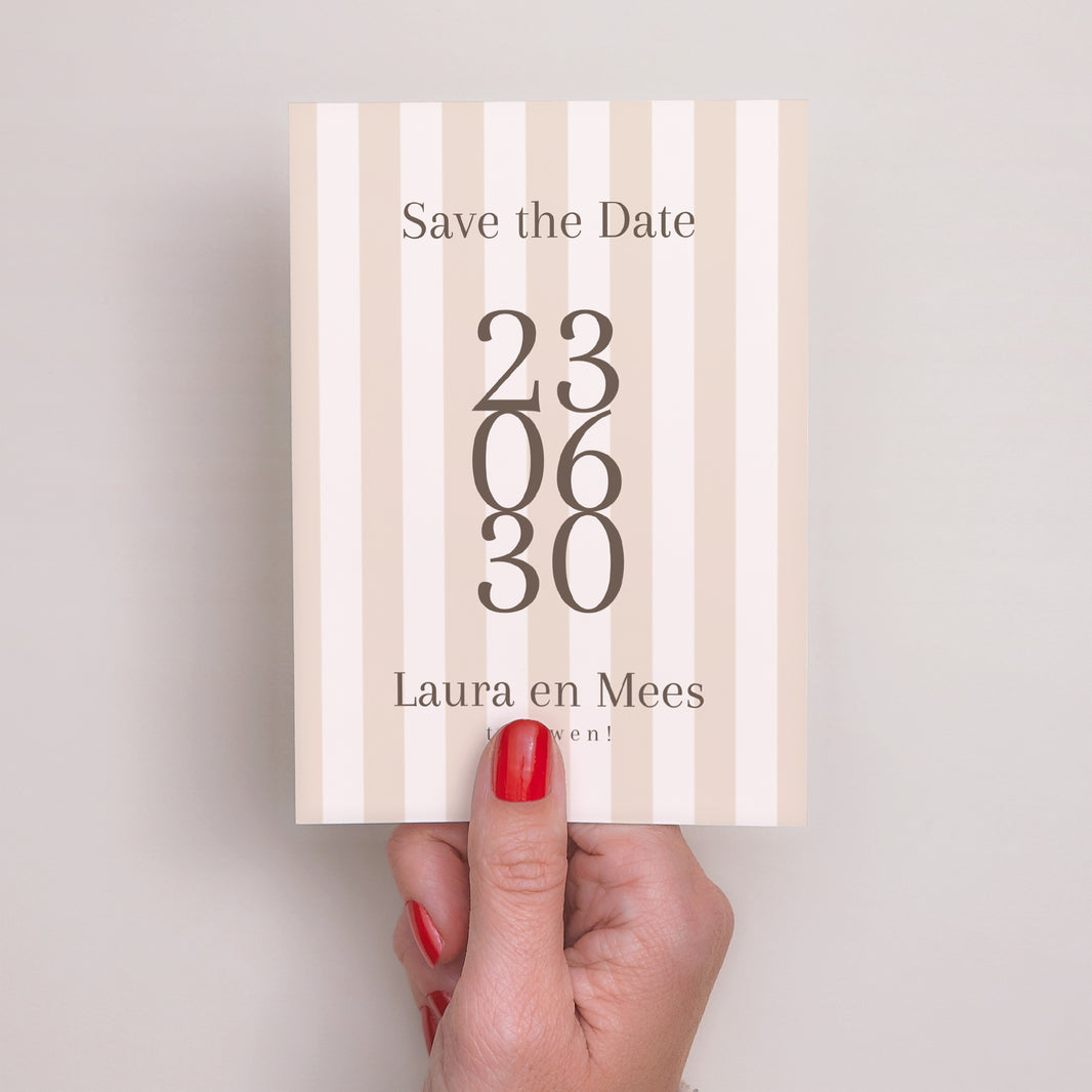 Save the date kaart Huwelijk Portret Beige strepen foto N° 2