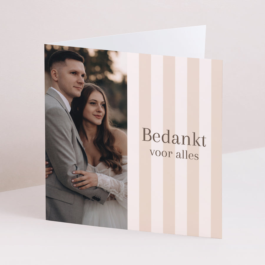 Bedankkaart Huwelijk Dubbele vierkante vouw Beige strepen foto