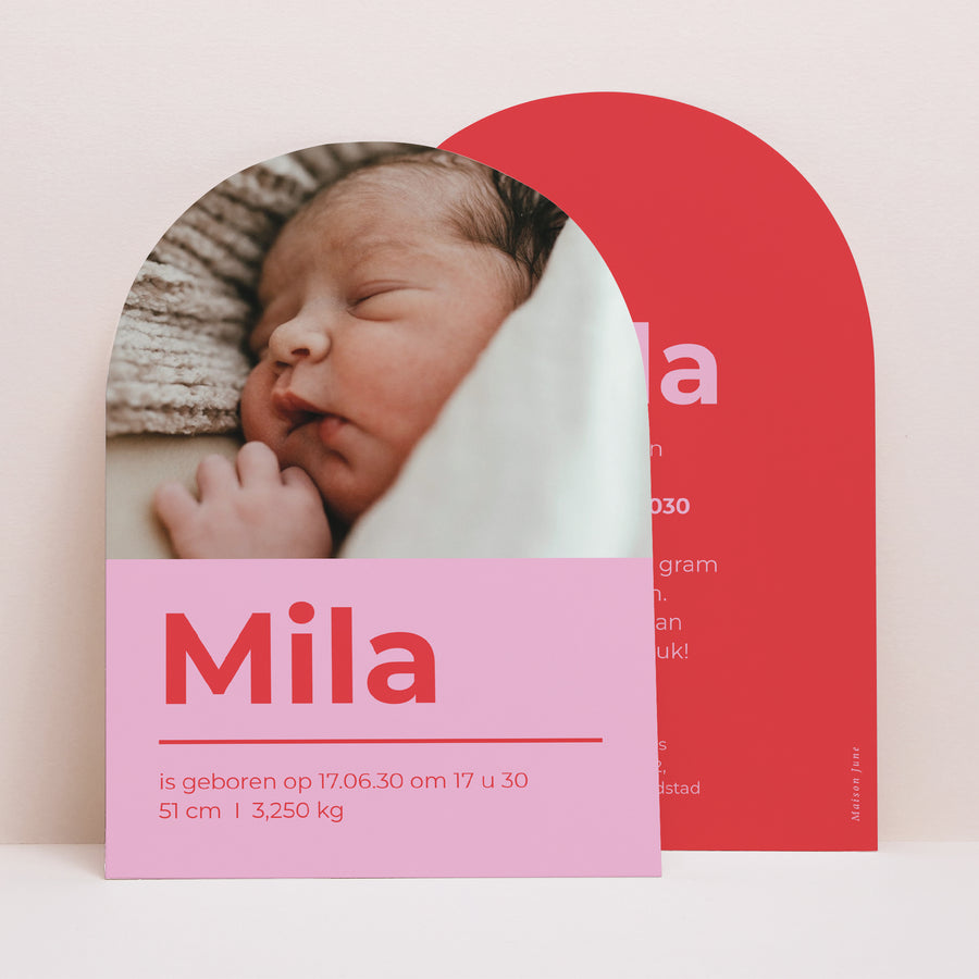 Uitnodigingskaart Geboorte Kleine boog Rood & Roze foto