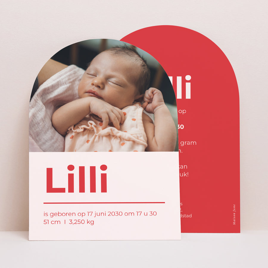 Uitnodigingskaart Geboorte Kleine boog Crème & Rood foto