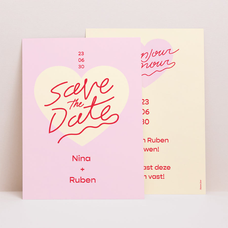 Save the date kaart Huwelijk Portret Hallo liefde roze. foto