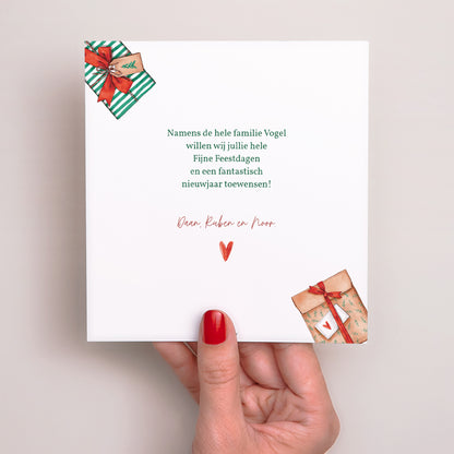 Kerstkaart Eindejaar Vierkant Pakketten van vreugde foto N° 3
