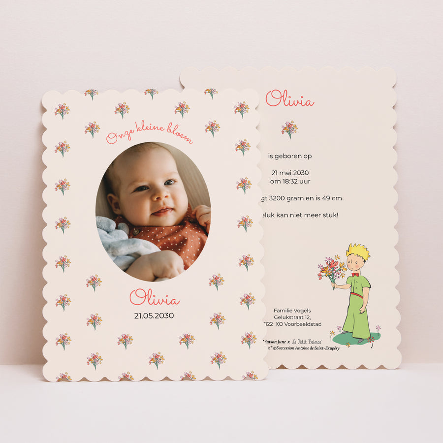 Uitnodigingskaart Geboorte Portret, biscuitranden Klein boeketje beige bloemen foto