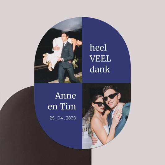 Bedankkaart Huwelijk Set van 8, magnetisch, ovaal een GROTE dank foto