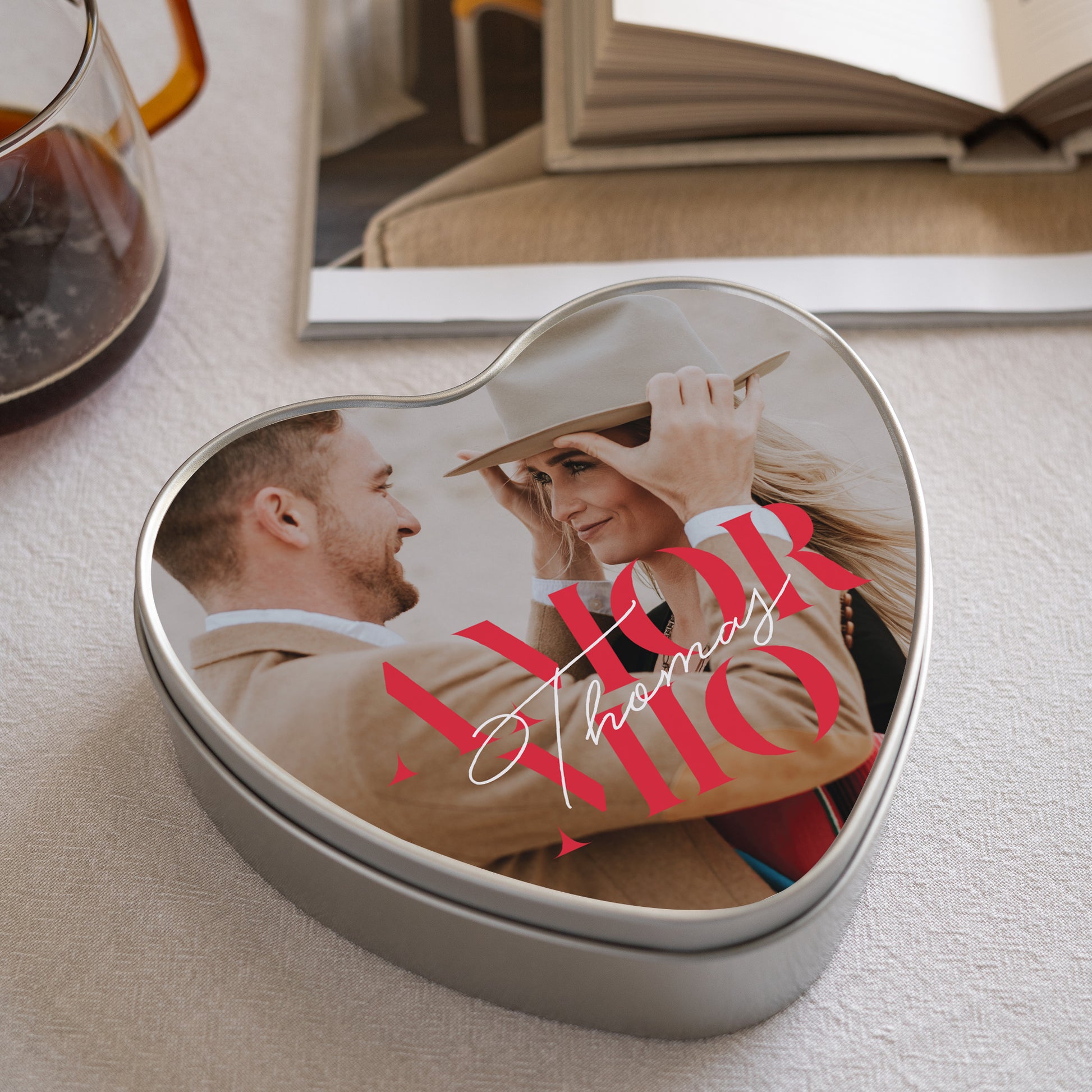 Metalen doos Objecten hart, gevuld met chocolaatjes Amor Mio foto N° 2