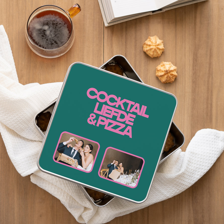 Metalen doos Objecten Vierkant Cocktail, liefde en pizza foto