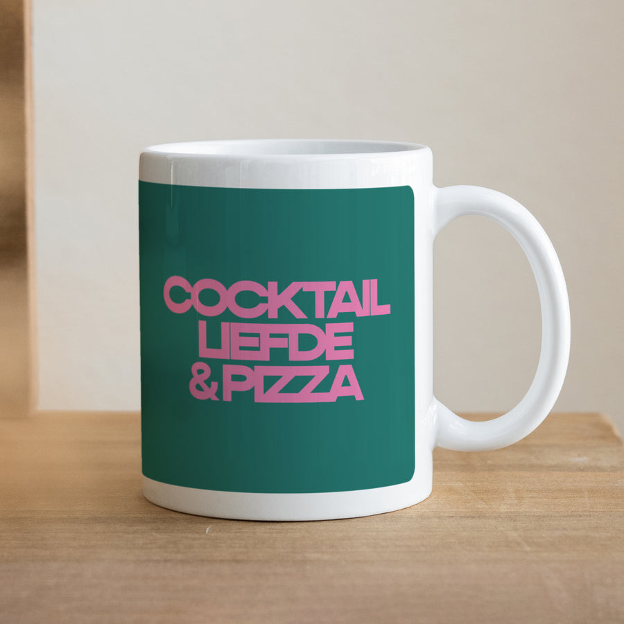 Mok Objecten Wit Cocktail, liefde en pizza foto