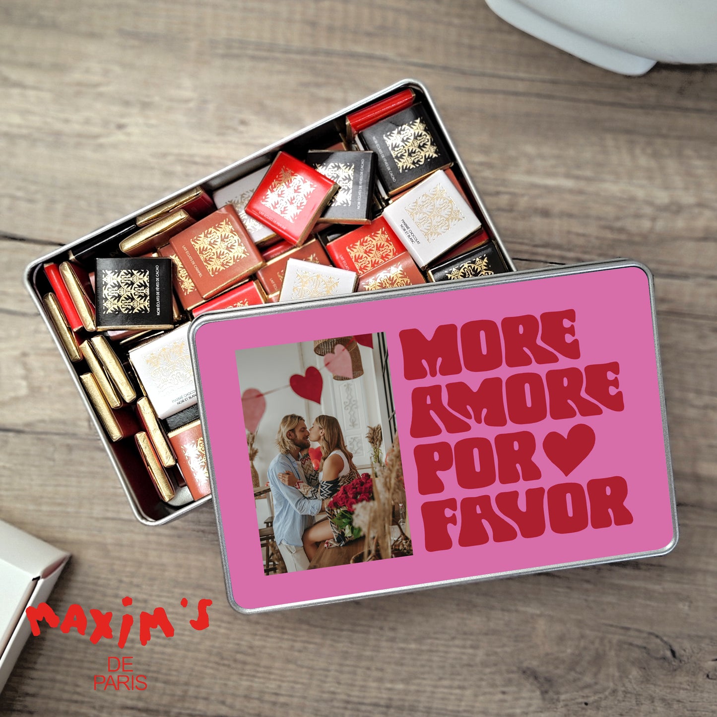 Metalen doos Objecten rechthoek, gevuld met chocolaatjes More amor por favor foto N° 1