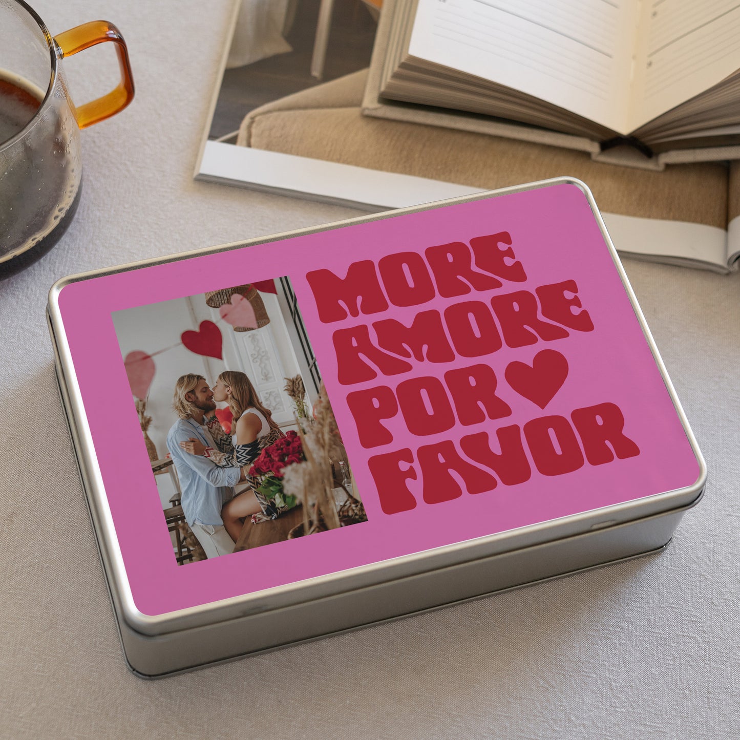 Metalen doos Objecten rechthoek, gevuld met chocolaatjes More amor por favor foto N° 2