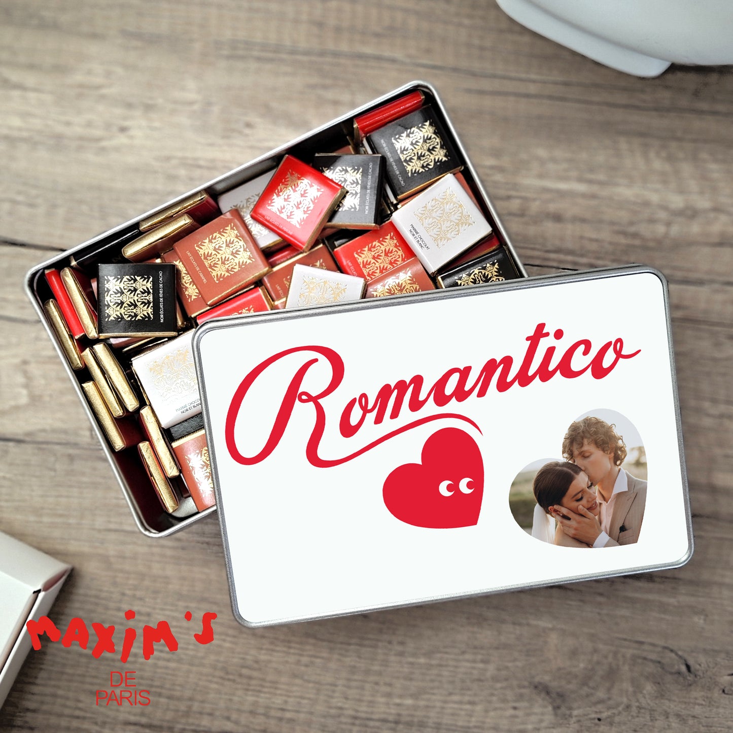 Metalen doos Objecten rechthoek, gevuld met chocolaatjes Romantico foto N° 1
