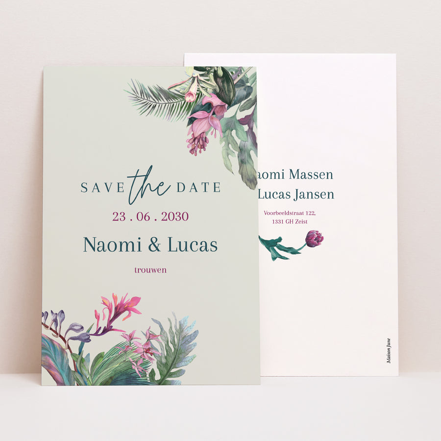 Save the date kaart Huwelijk Portret Exotic flowers foto