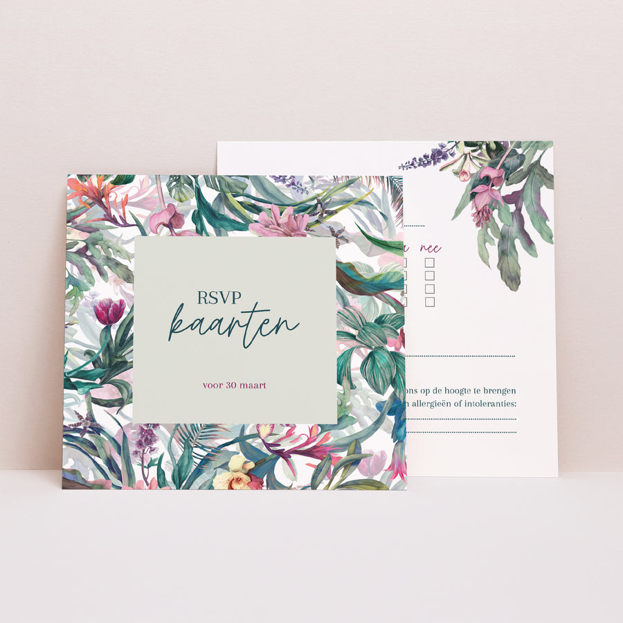 RSVP kaart Huwelijk Vierkant Exotic flowers foto