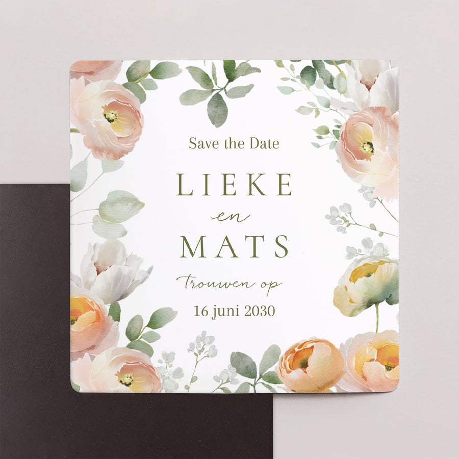 Save the date kaart Huwelijk Set van 9, magnetisch. Romantische bloemen foto