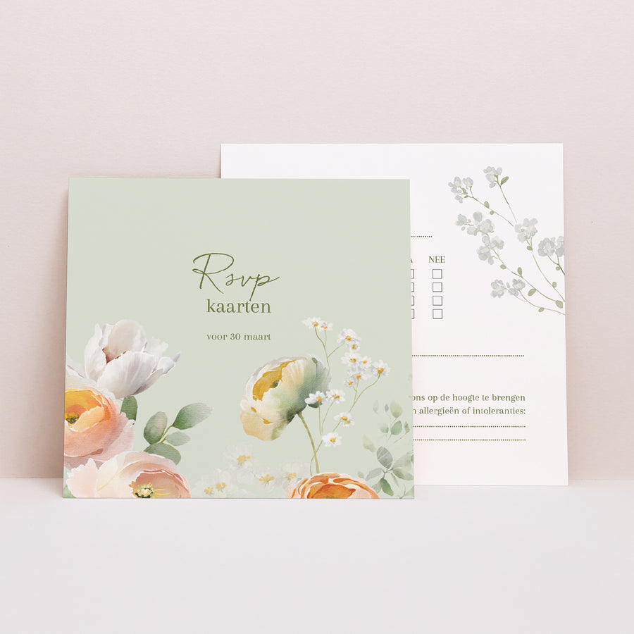 RSVP kaart Huwelijk Vierkant Romantische bloemen foto