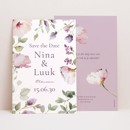 Save the date kaart Huwelijk Portret Romantic purple flowers foto N° 1