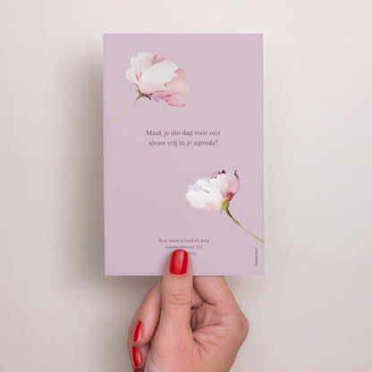 Save the date kaart Huwelijk Portret Romantic purple flowers foto N° 3