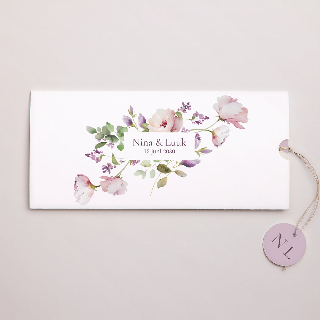 Uitnodigingskaart Huwelijk Mapje 2 kaarten, label Romantic purple flowers foto