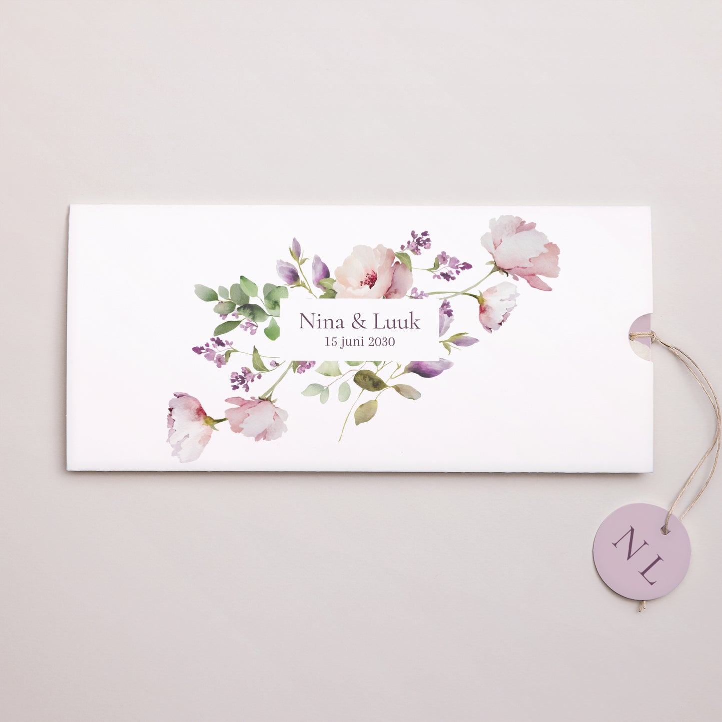 Uitnodigingskaart Huwelijk Mapje 2 kaarten, label Romantic purple flowers foto N° 1