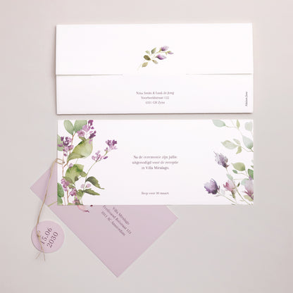 Uitnodigingskaart Huwelijk Mapje 2 kaarten, label Romantic purple flowers foto N° 4