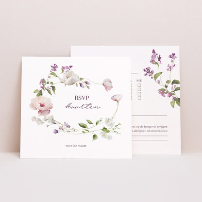 RSVP kaart Huwelijk Vierkant Romantic purple flowers foto N° 1