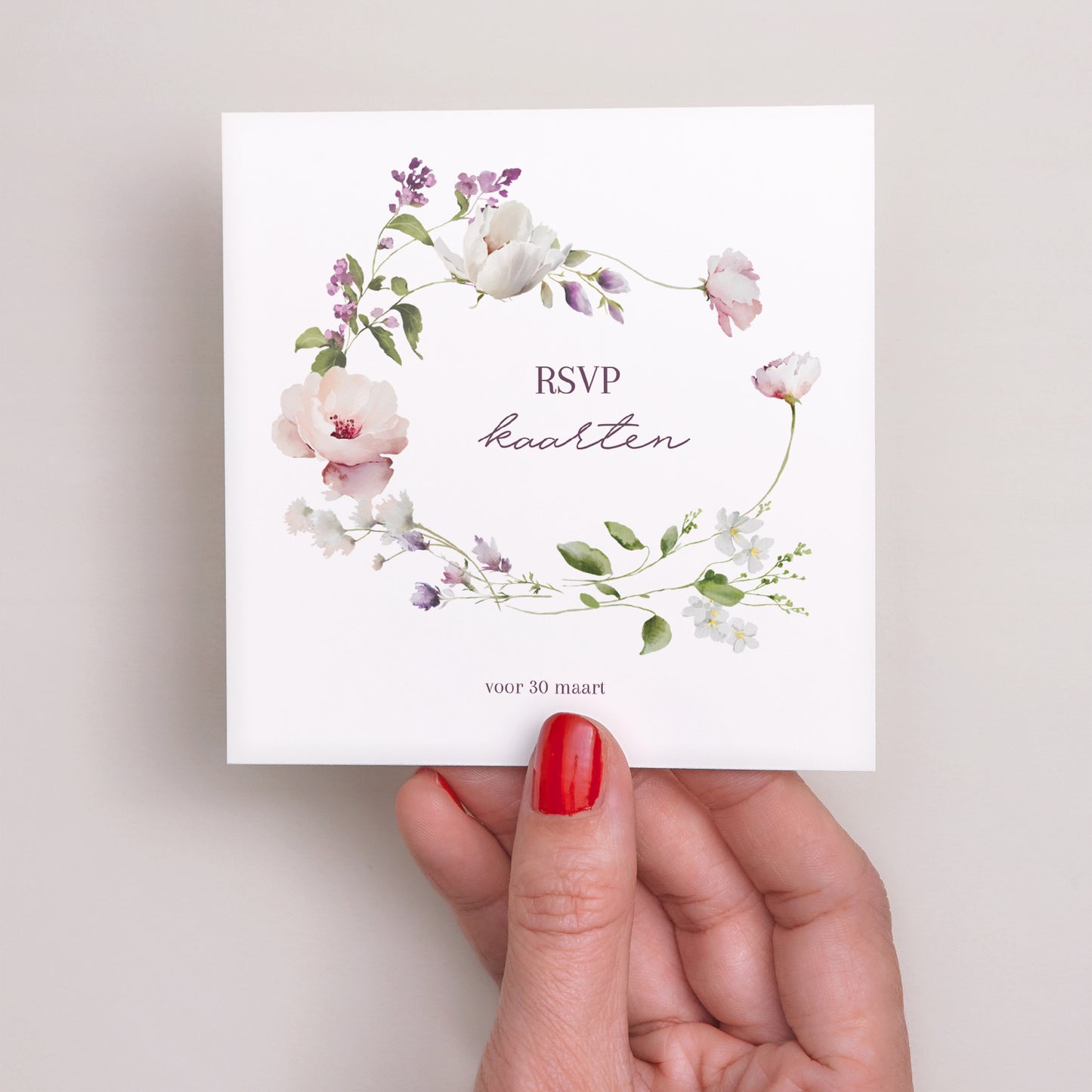 RSVP kaart Huwelijk Vierkant Romantic purple flowers foto N° 2