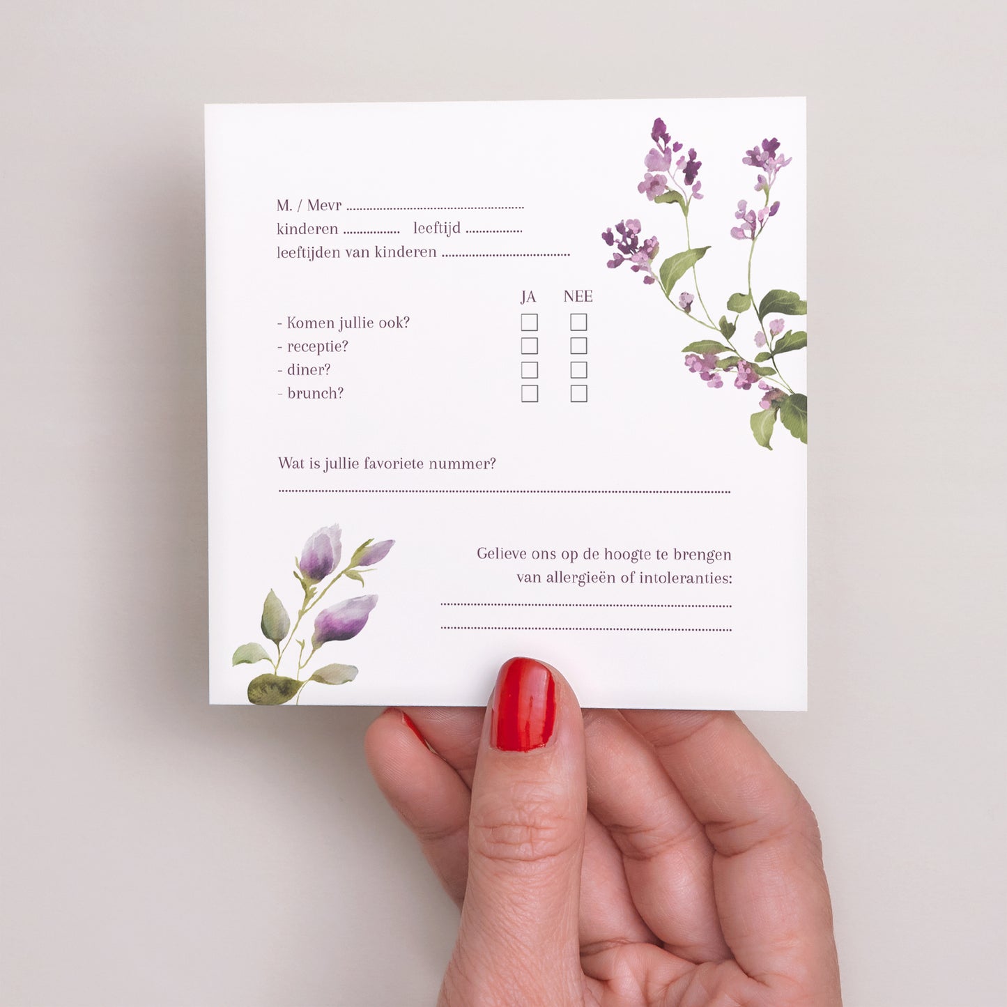 RSVP kaart Huwelijk Vierkant Romantic purple flowers foto N° 3