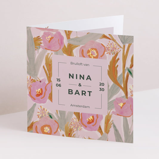 Uitnodigingskaart Huwelijk Dubbele vierkante vouw Rosa bloemen pop foto
