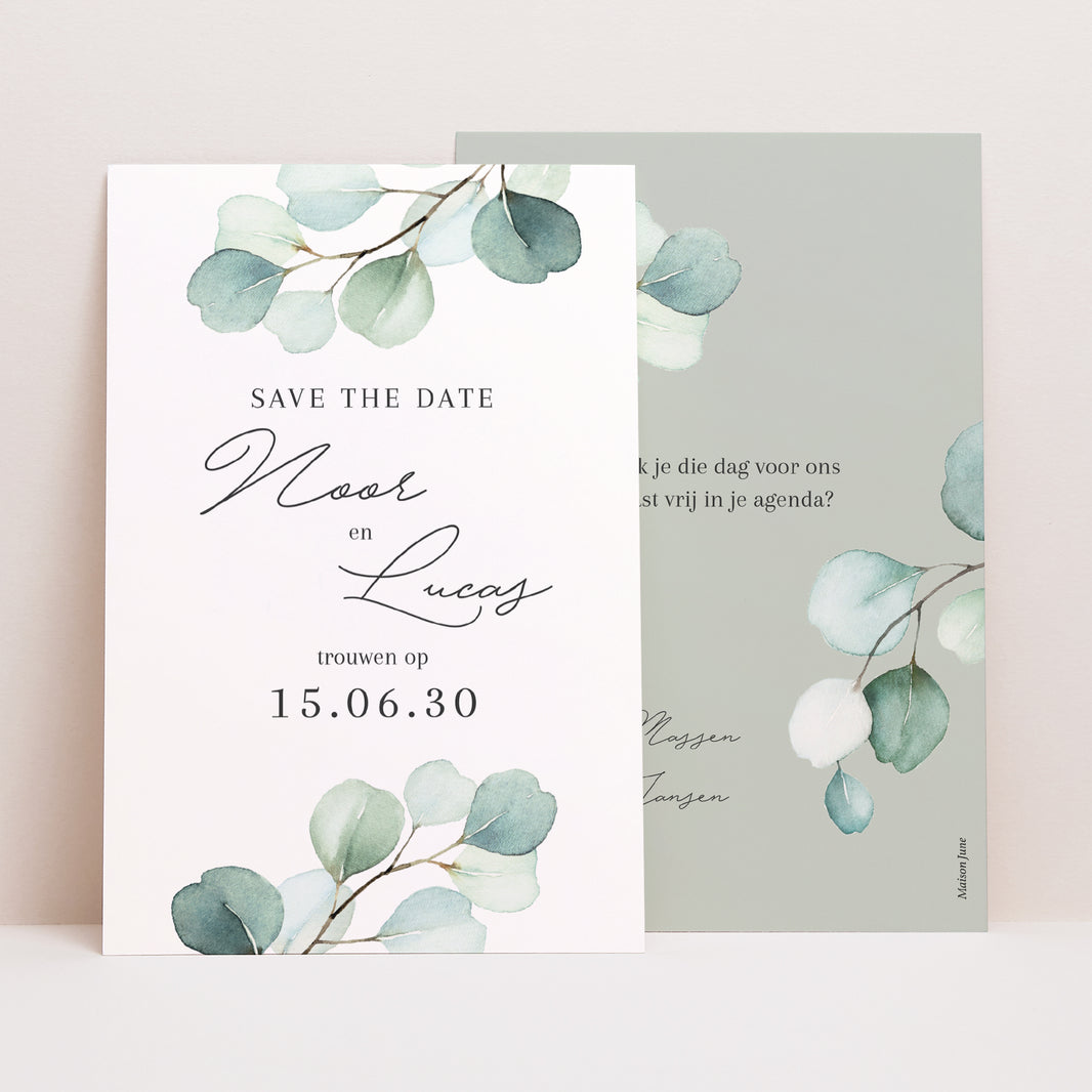 Save the date kaart Huwelijk Portret Eucalyptusbladeren foto