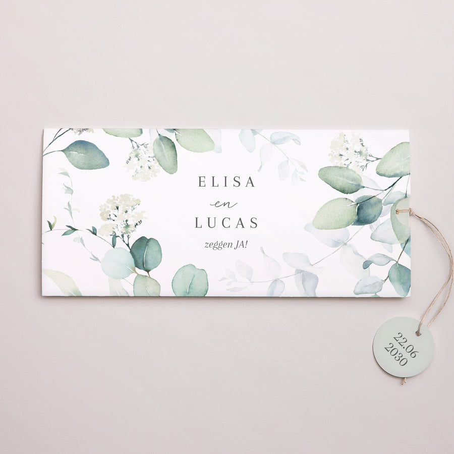 Uitnodigingskaart Huwelijk Mapje 2 kaarten, label Eucalyptus aquarel foto
